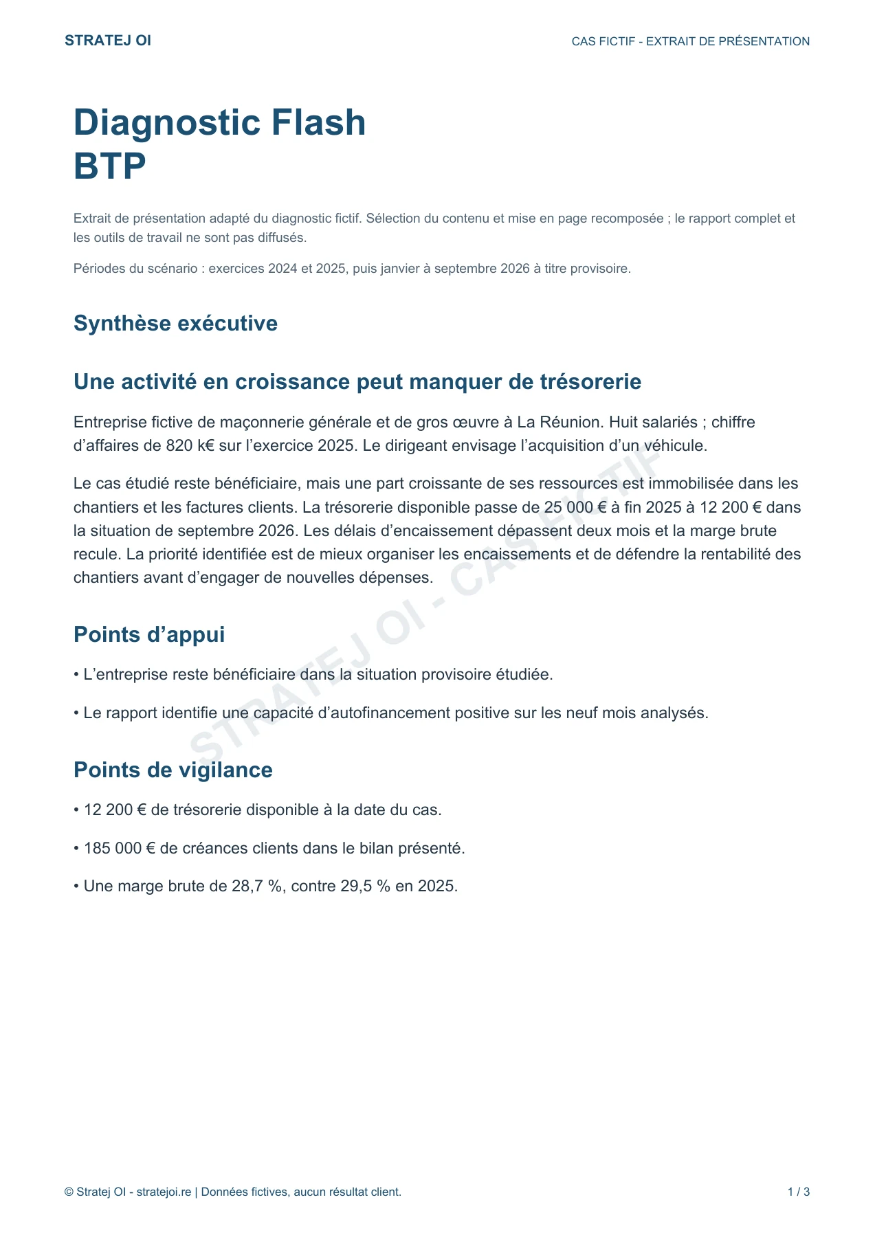 Première page de l’extrait fictif du Diagnostic Flash BTP : synthèse et points de vigilance.
