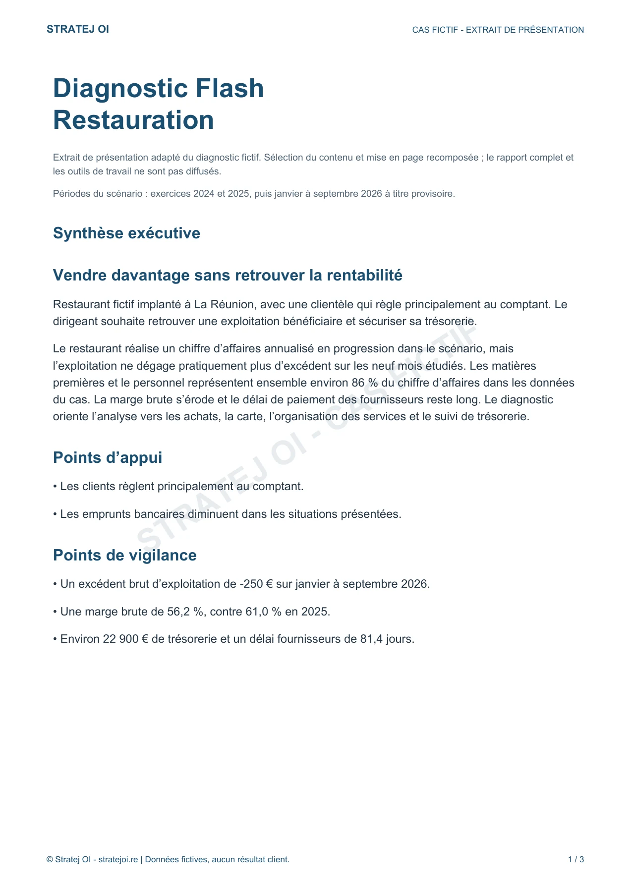 Première page de l’extrait fictif du Diagnostic Flash Cafés, hôtels et restaurants : synthèse et points de vigilance.
