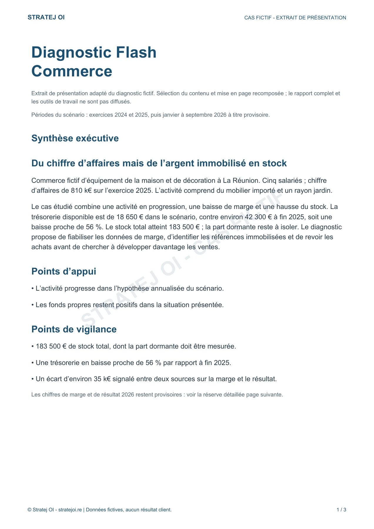 Première page de l’extrait fictif du Diagnostic Flash Commerce : synthèse et points de vigilance.